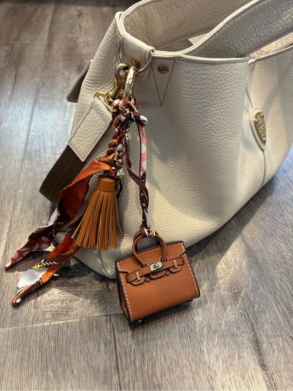 Mini Top Handle Handbag Charm Keychain with Scarf & Tassel – Brown